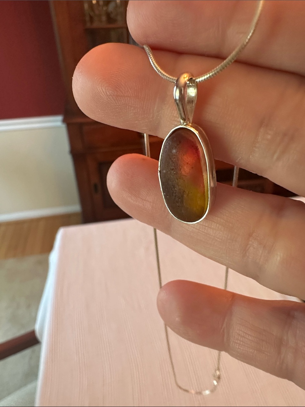 Silver Pendant Necklace with Gradient Pink-yellow authentic seaglass